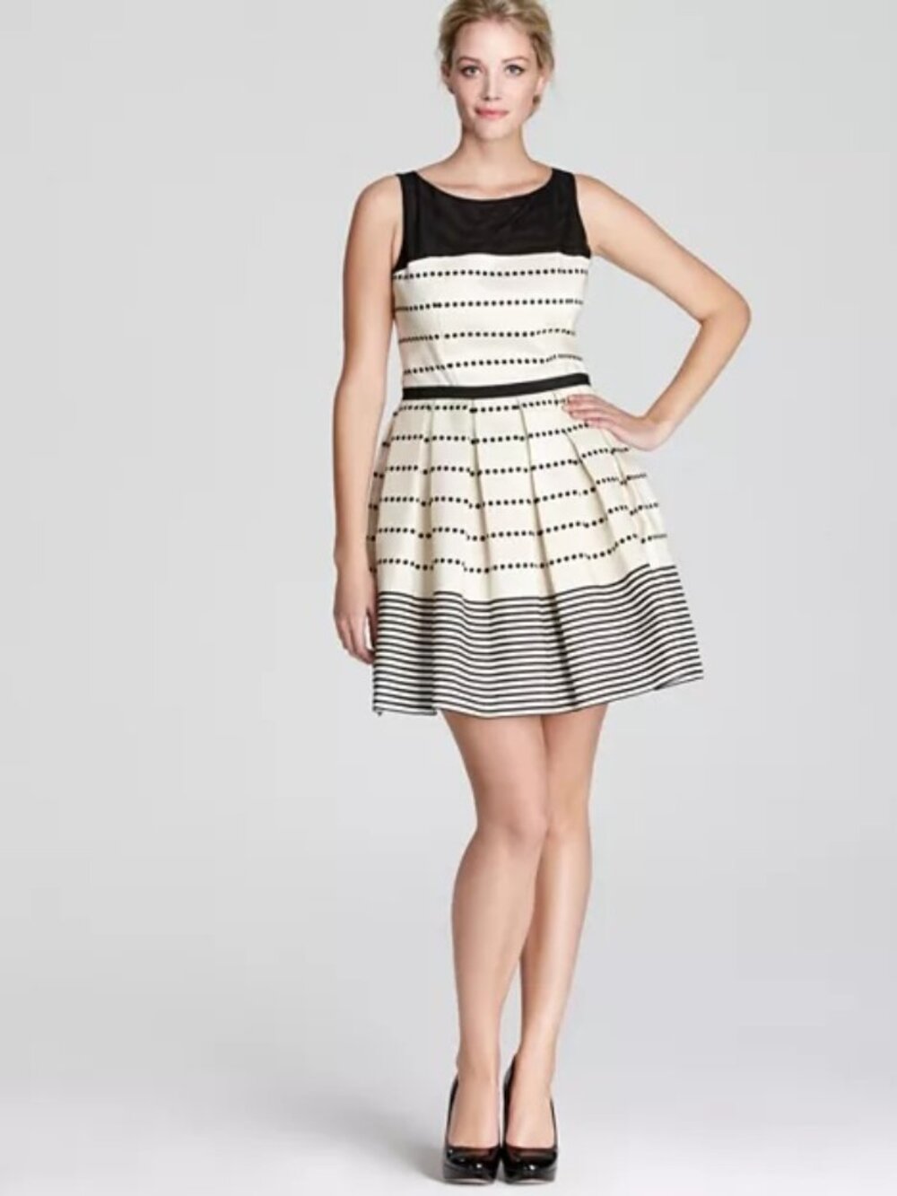Taylor Dotted Stripes Dress, Black & Cream 6
